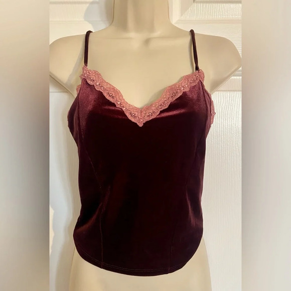 olive tree Tops - Olive Tree Velvet Burgundy Vneck Lace Camisole